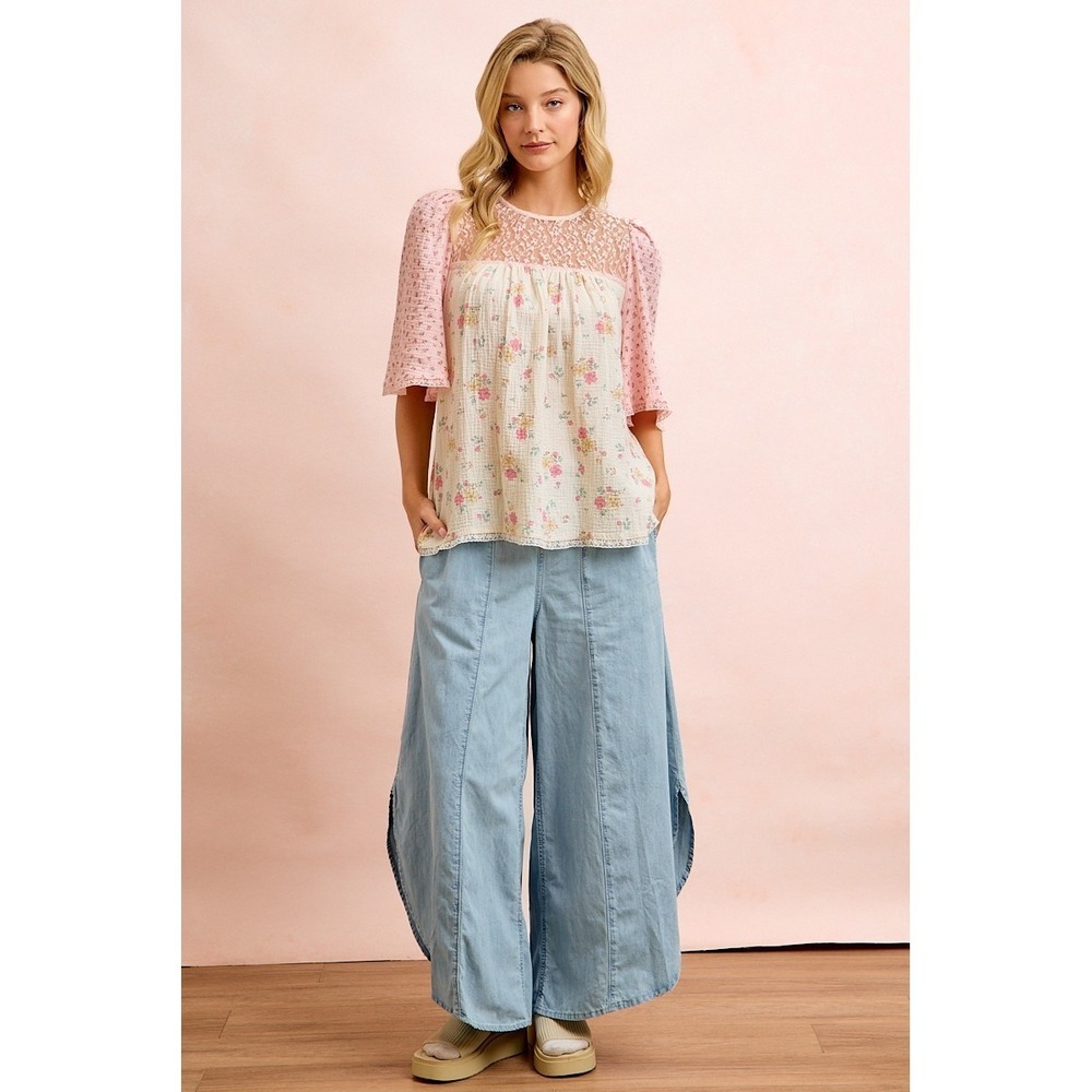 BiBi Crinkle Floral Gauze Mix And Matched Blouse Top - Cream/Pink - Medium - Picture 8 of 11